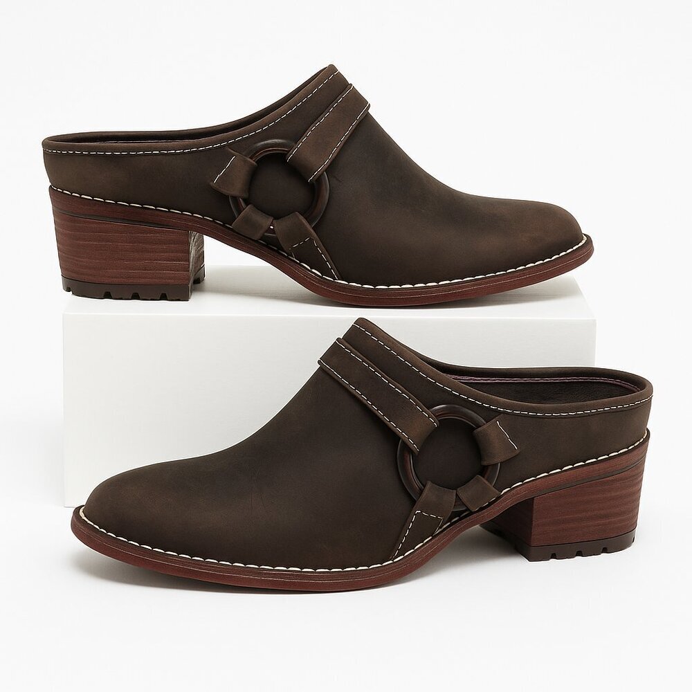 Timberland Women’s Leather Mule Clog Shoes Brown Slip-On Block Heel Buckle 7.5M